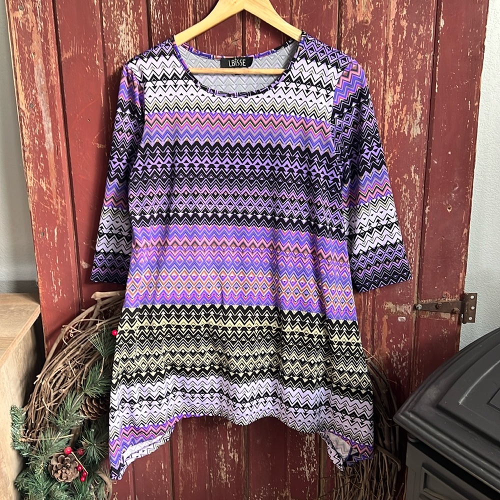 Size Small Slinky Tunic top, funky purple print
